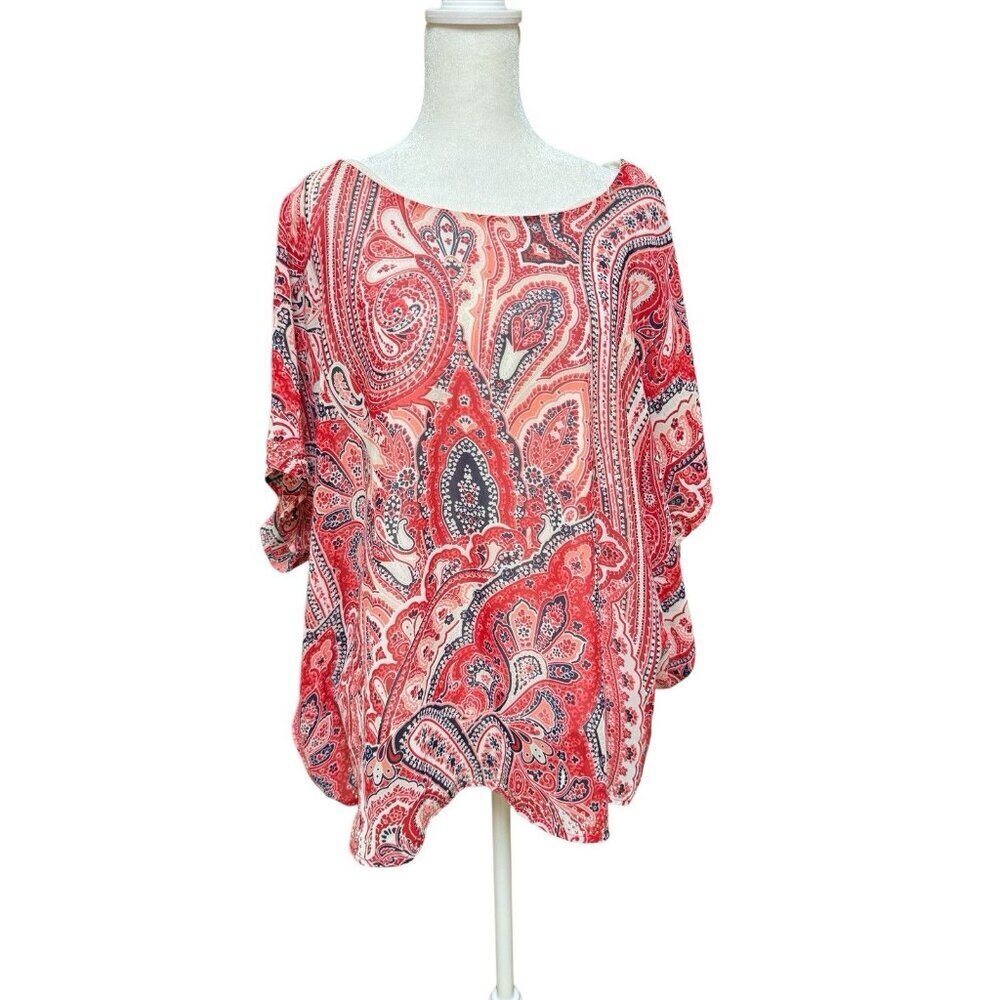 Style & Co XXL Paisley Tunic Blouse Red White Dolman Sleeve Flowy Top